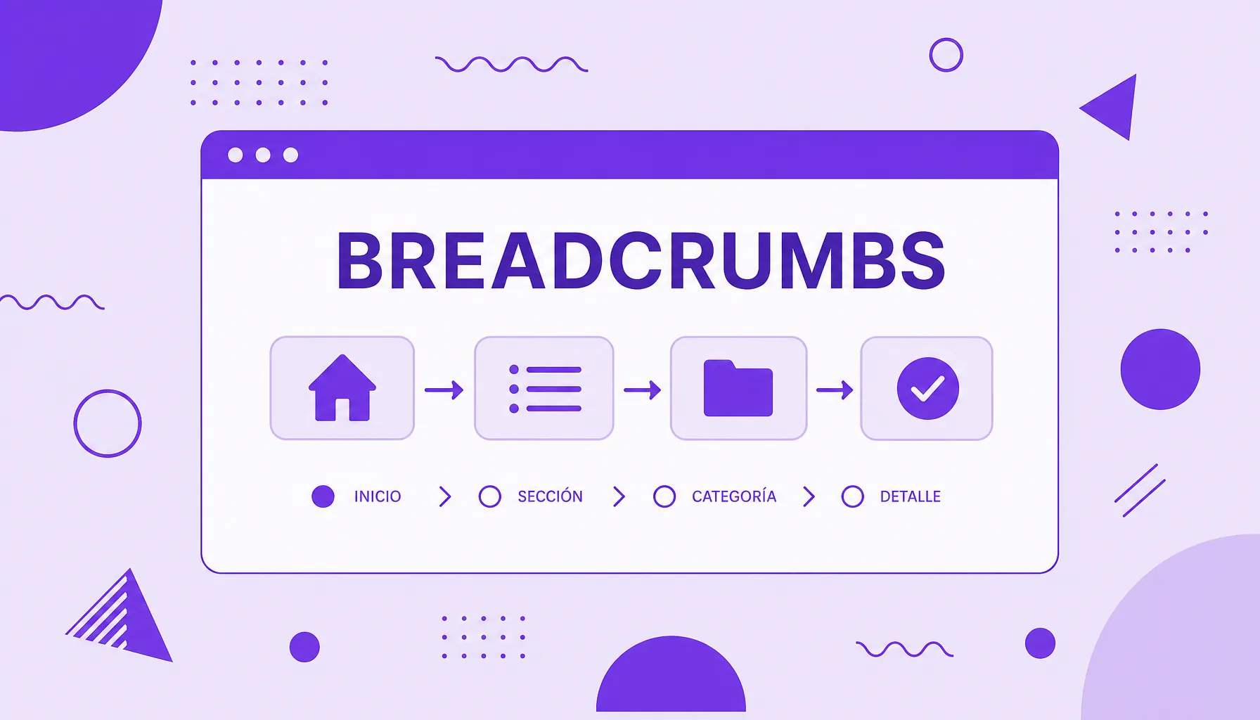 Ilustración de una ruta horizontal de cajas conectadas por flechas, que empieza con un icono de casa, que representa los breadcrumbs de un sitio.