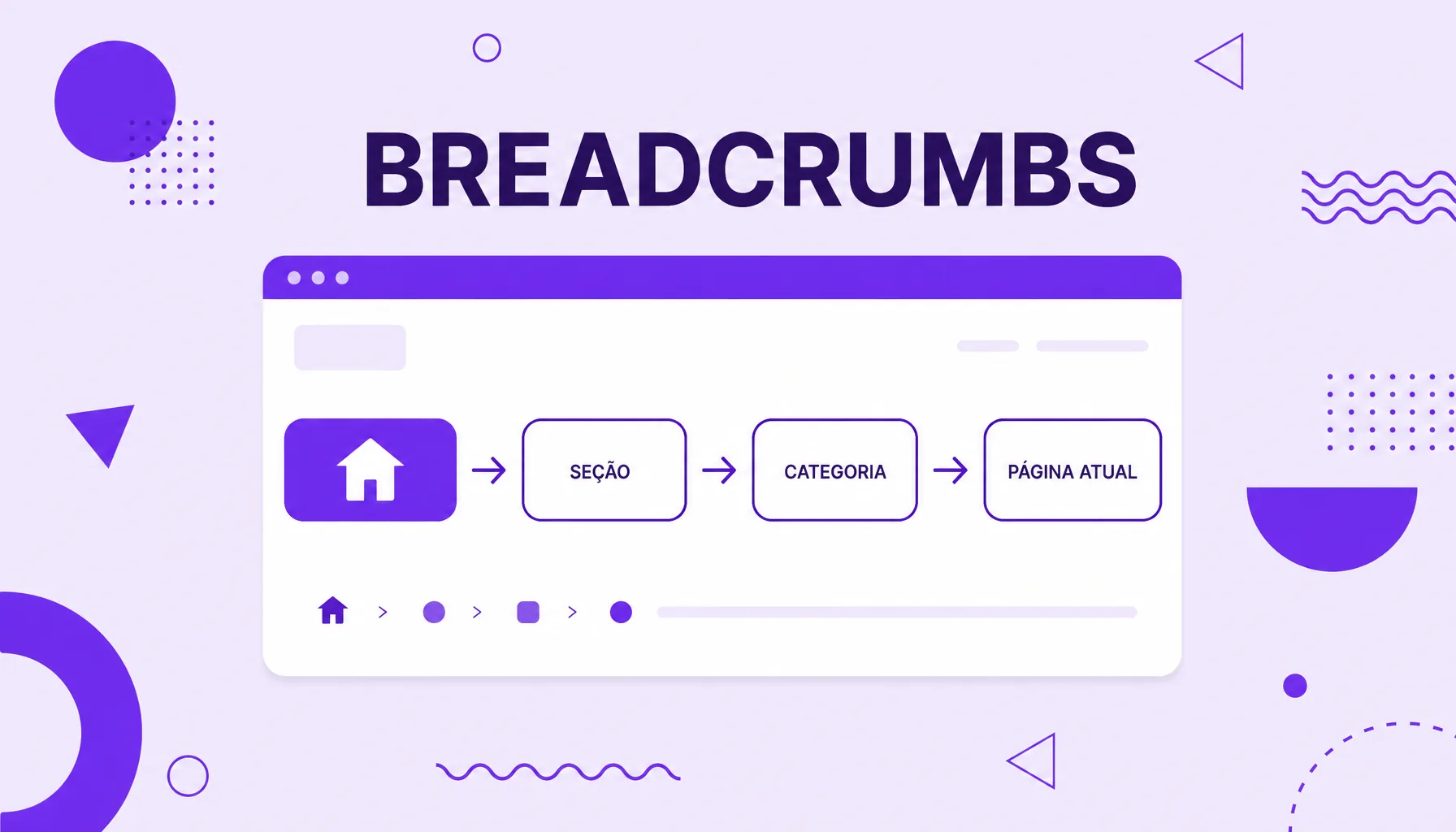Ilustração de uma trilha horizontal de caixas conectadas por setas, começando por um ícone de casa, representando os breadcrumbs de um site.