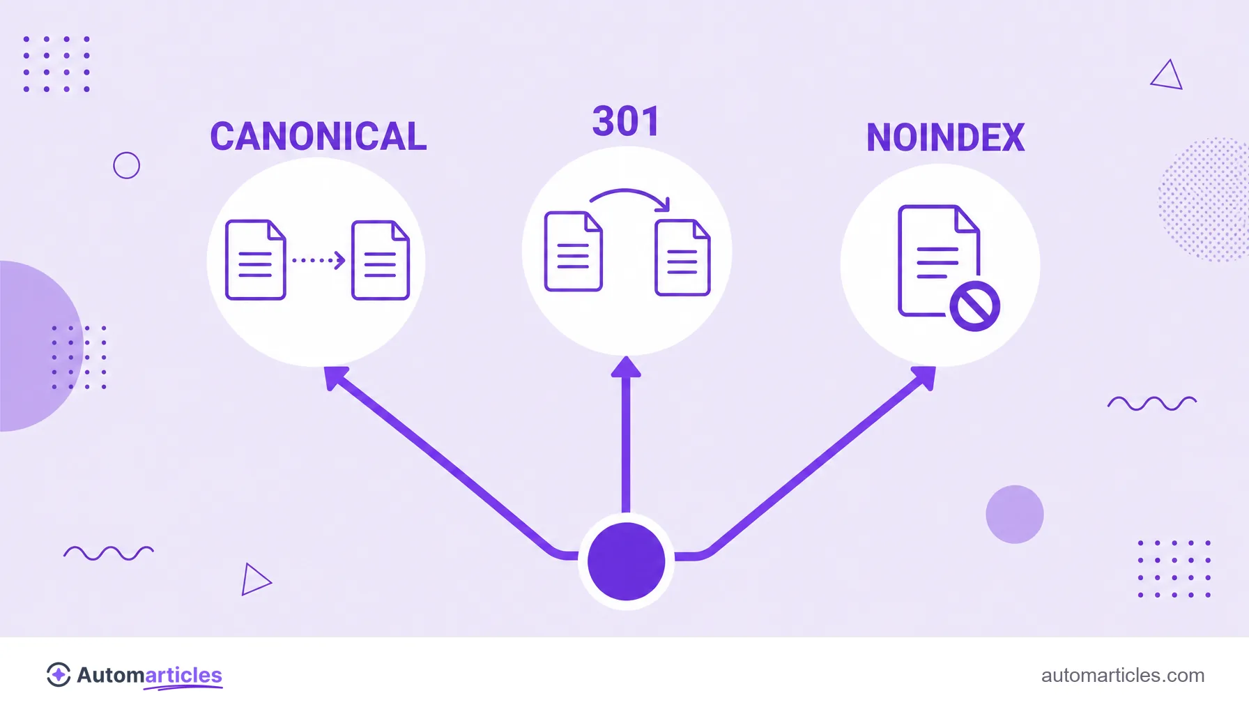 Illustration of three paths comparing canonical, 301 redirect and noindex for handling similar pages.