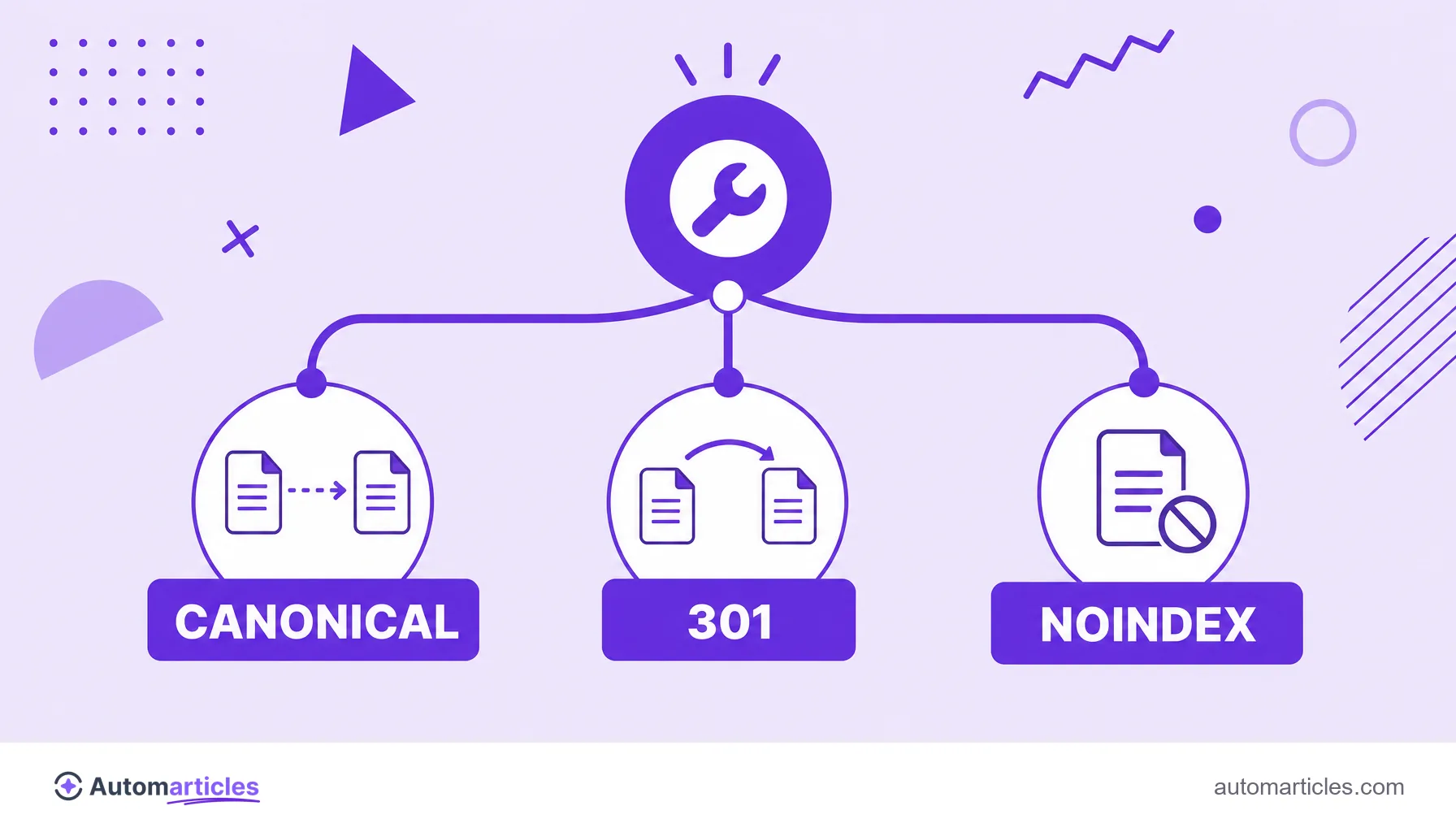 Ilustración de tres caminos comparando canonical, redirección 301 y noindex para manejar páginas parecidas.