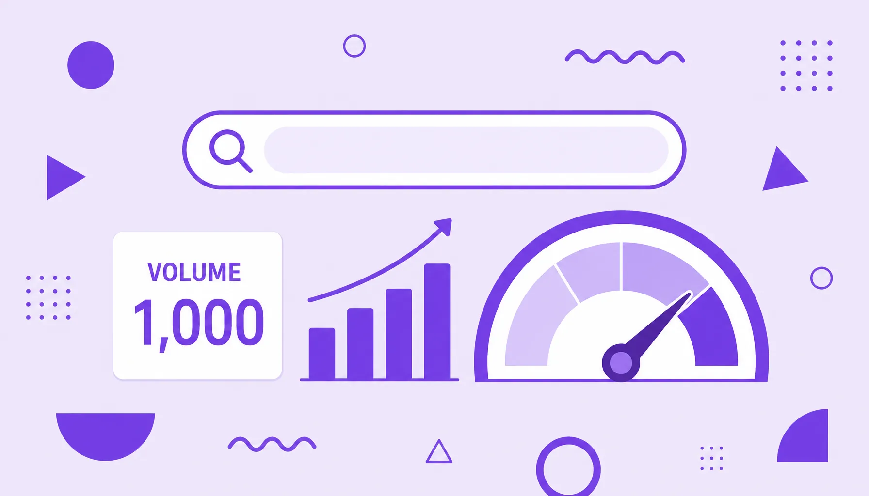 Illustration of a search bar next to a bar chart and a demand gauge, representing the search volume of a keyword.