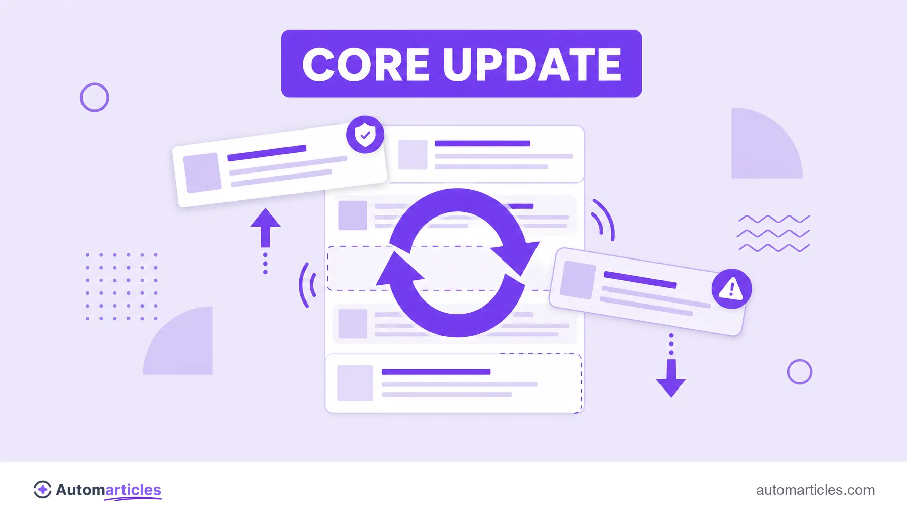 Illustration of a core update reordering results in a YMYL niche, with trustworthy pages rising and weak pages falling.
