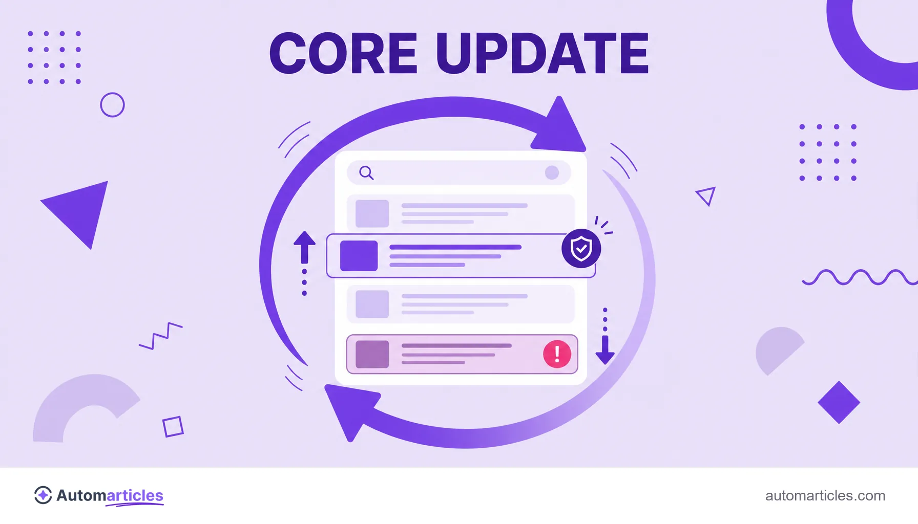 Ilustração de um core update reordenando resultados de um nicho YMYL, com páginas confiáveis subindo e páginas fracas descendo.