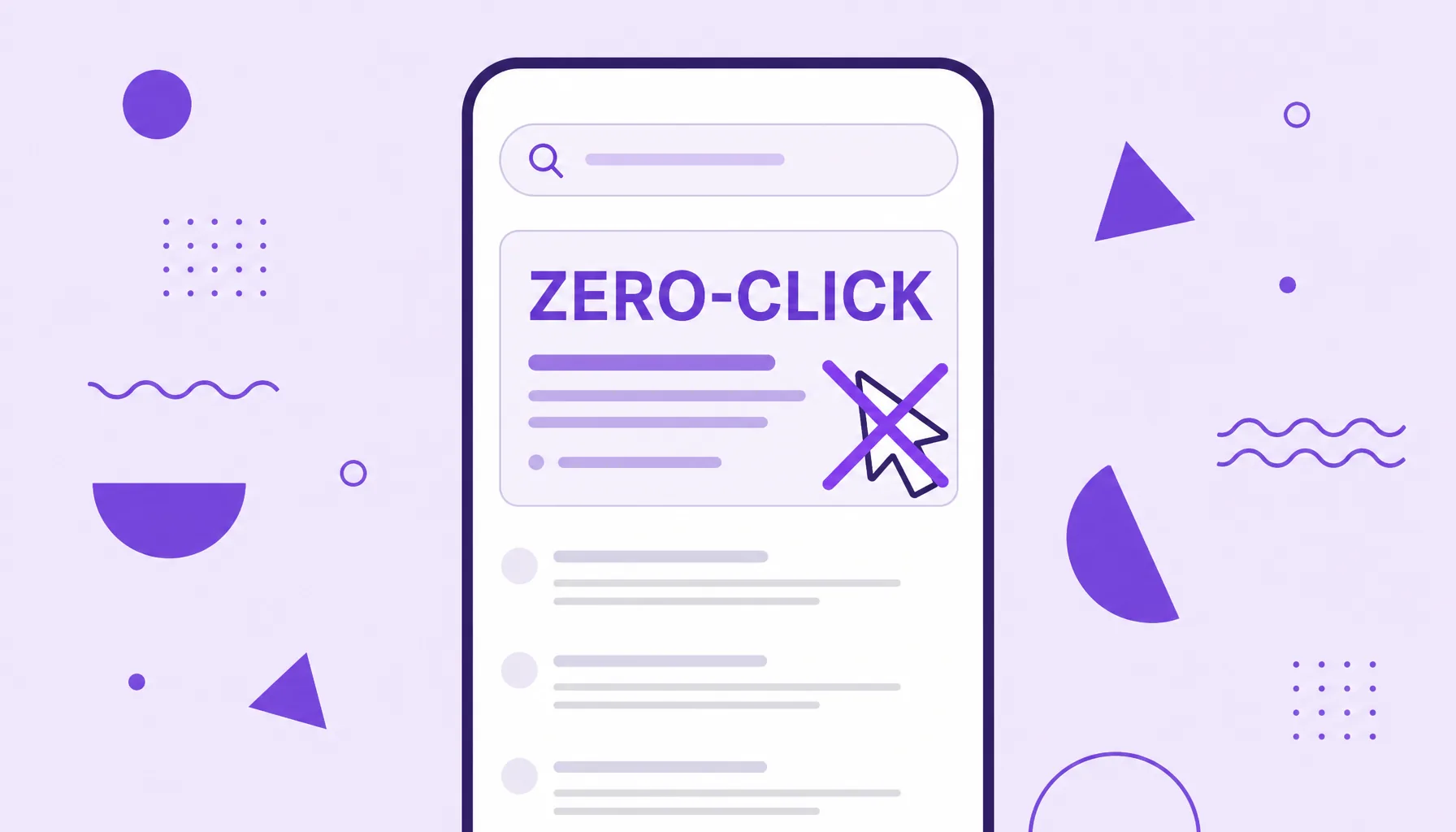 Illustration of a search screen with a ready answer and a crossed-out click cursor, representing a zero-click search with no clicks to sites.