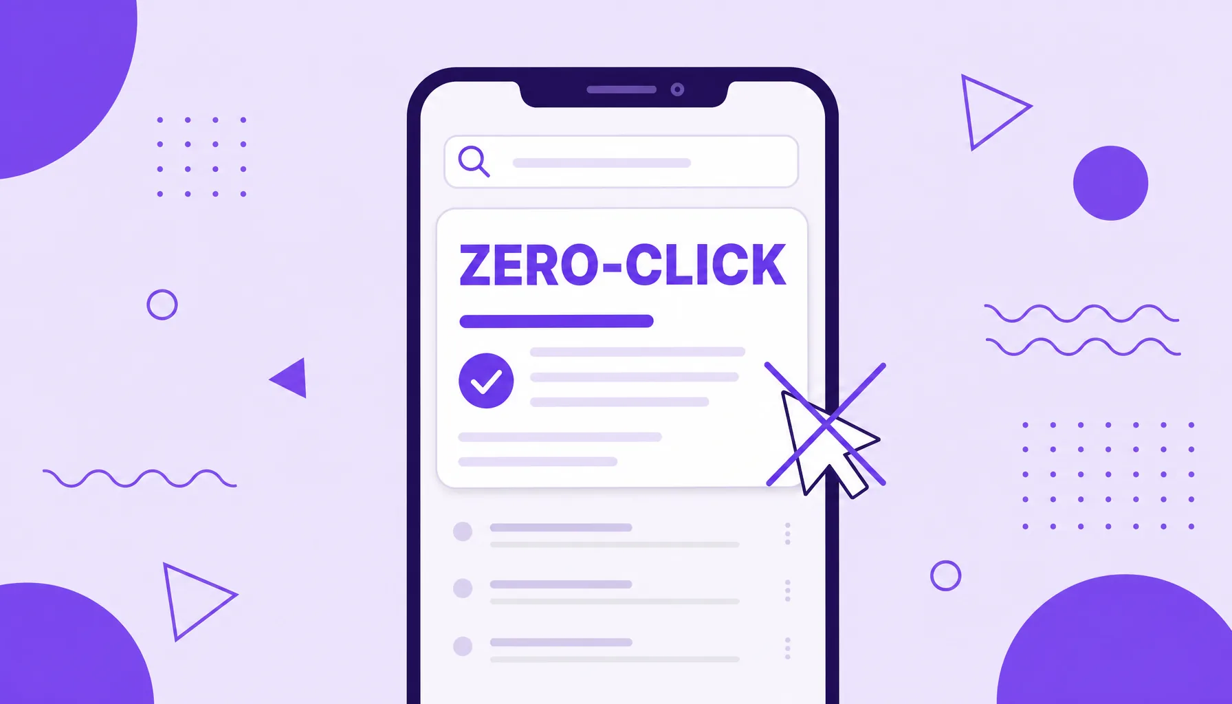 Ilustração de uma tela de busca com a resposta pronta e um cursor de clique riscado, representando a busca zero-click sem clique em sites.